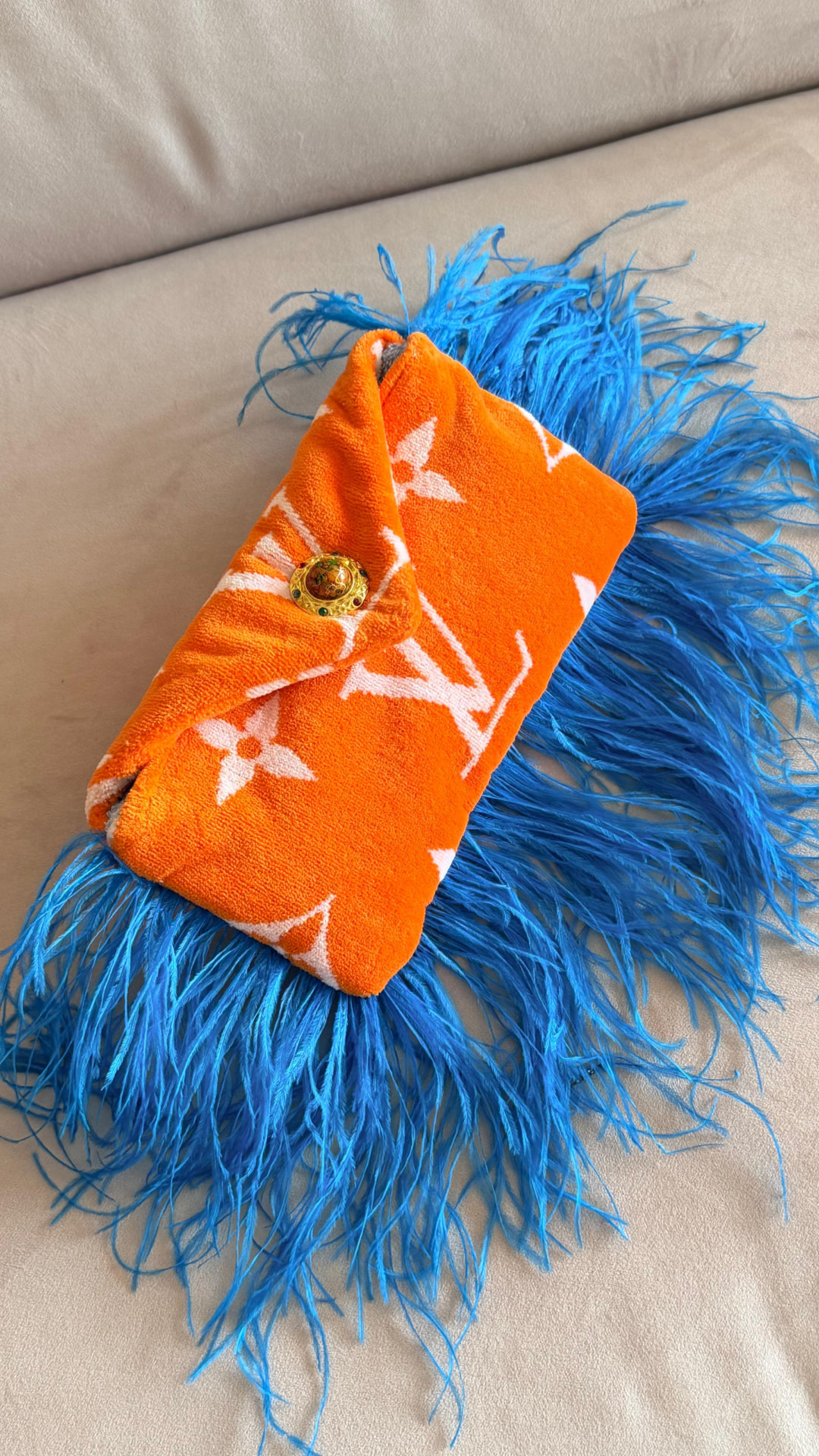 Recut Clutch, Orange Monogram & Feathers